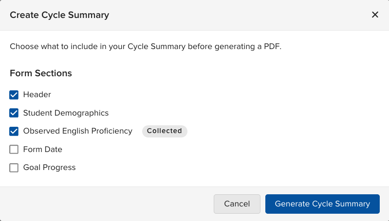 Cycle Summary section selection screen with a Collected icon highlighted next to a form section.