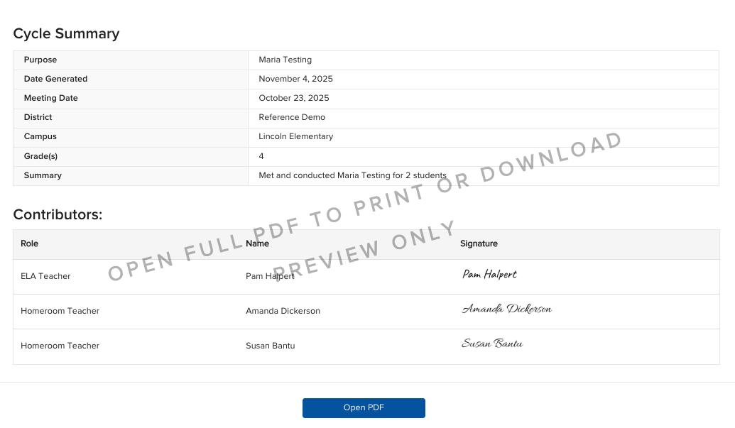 Cycle Summary preview screen with the Open PDF button highlighted at the top right.