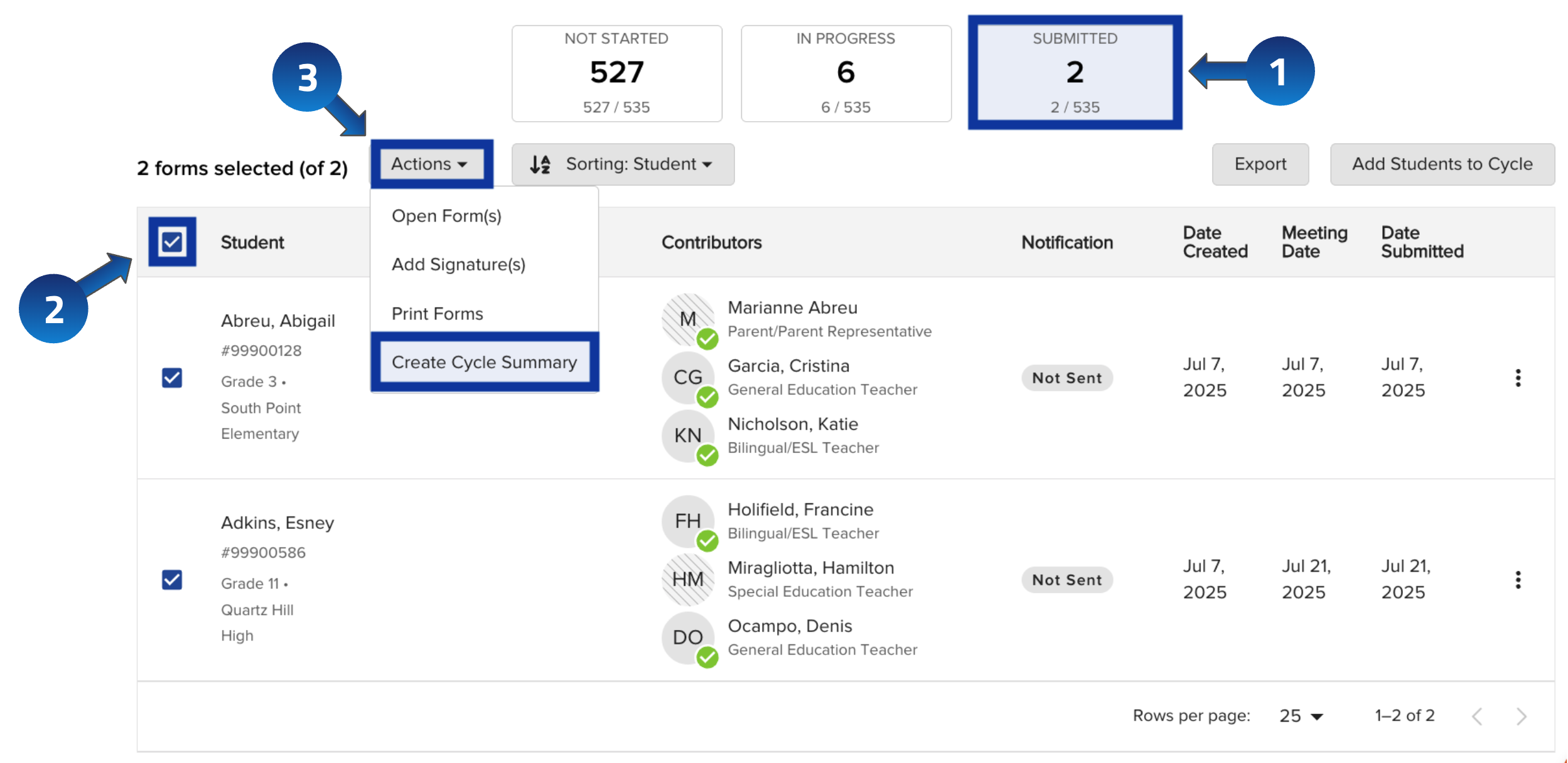 Submitted bucket with checkboxes selected next to student names and the Actions menu open showing Create Cycle Summary.