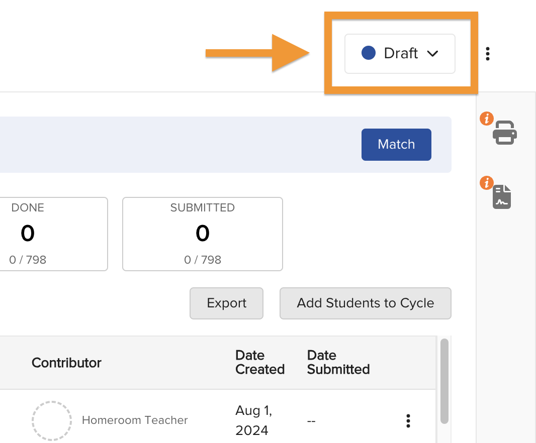 Screenshot showing the cycle status dropdown menu with Draft, Live, Closed, and Archived options visible.