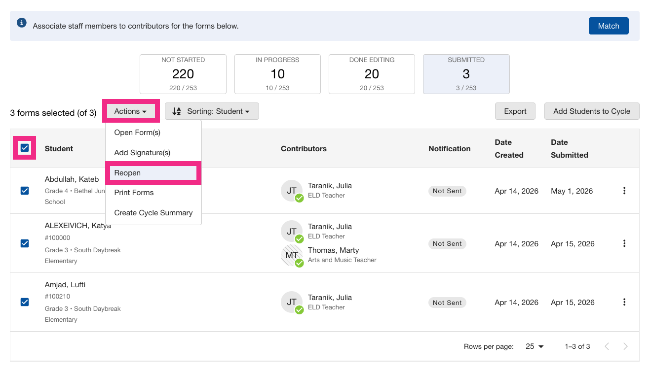 Screenshot showing the Reopen option selected in the Actions dropdown on the Cycle page, with multiple student forms checked