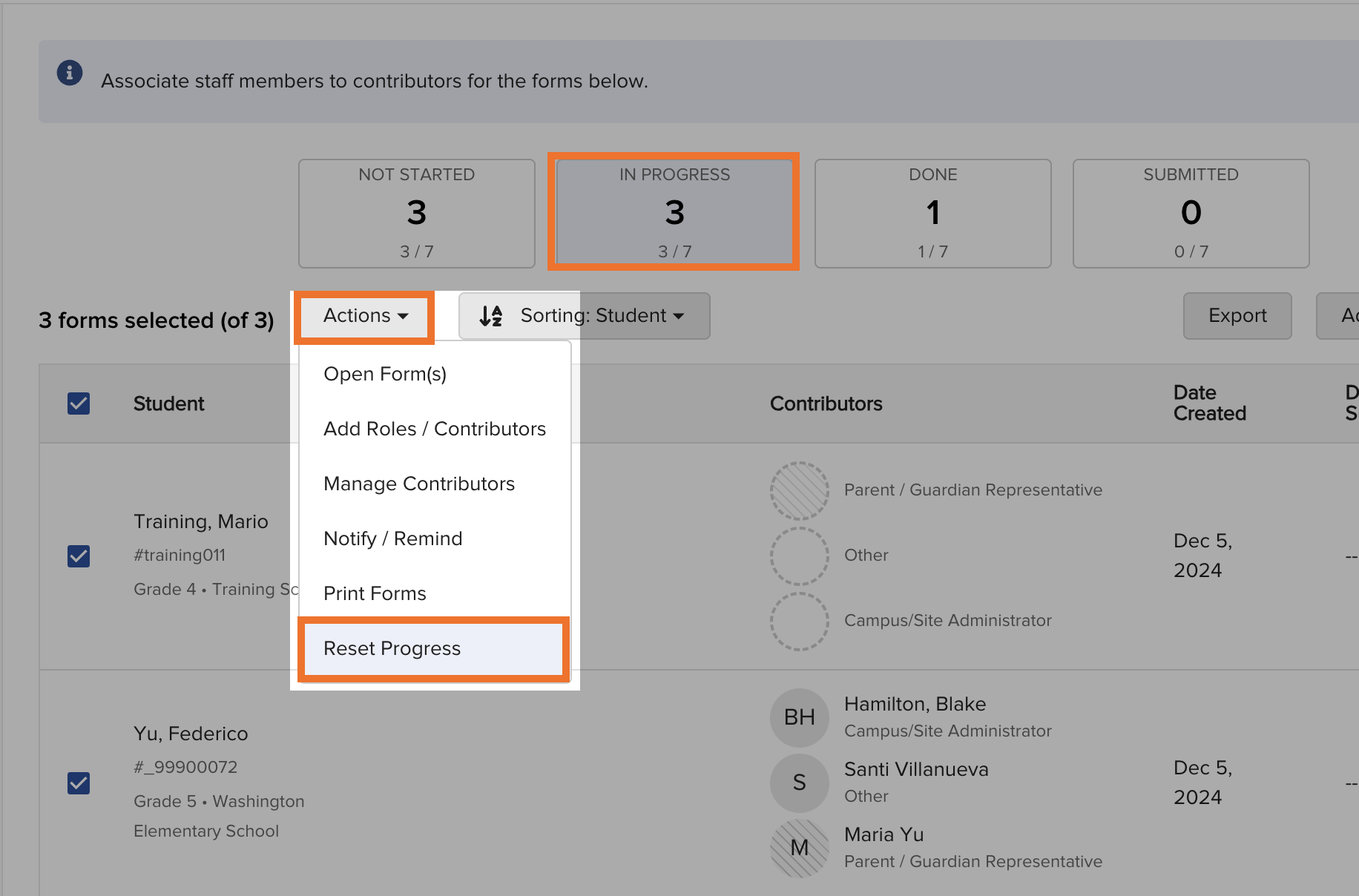 Screenshot showing the Reset Progress option in the three-dot action menu for an individual student form