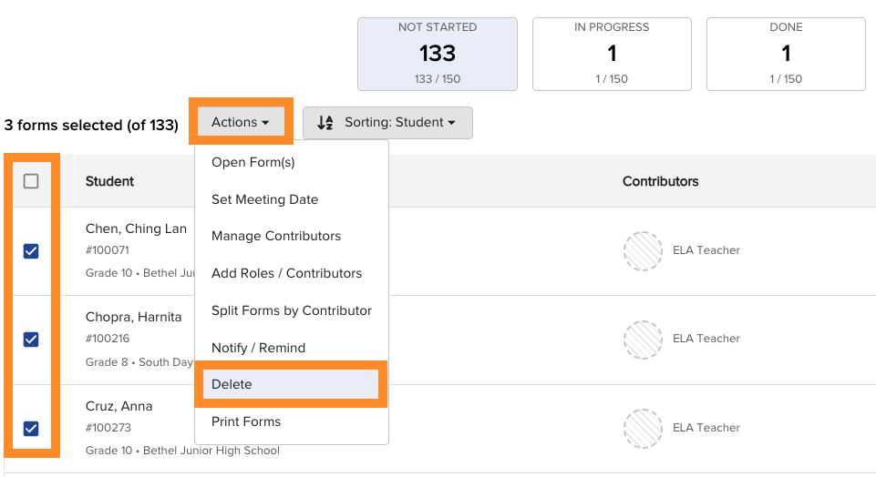 Screenshot showing the Delete option in the Actions dropdown with multiple student forms selected in the Cycle view