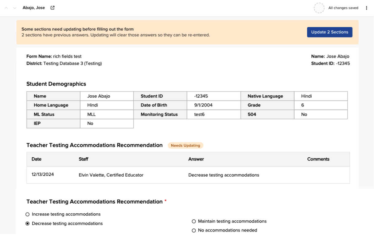 A banner at the top of the form identifying which sections need updating, with the blue Update Sections button