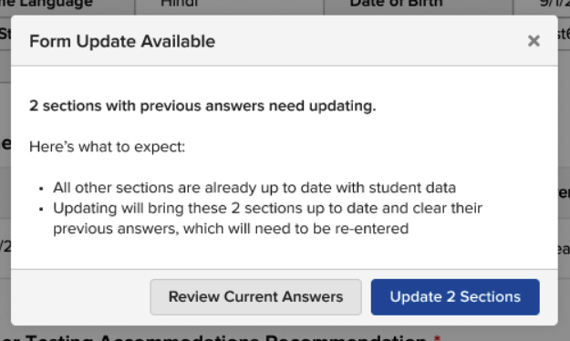 The Form Update Available prompt that appears when opening a form with previously filled editable review sections that have new student data changes