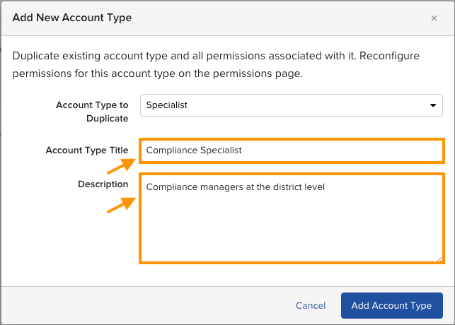 The Account Type Title and Description fields on the Add New Account Type screen, pre-populated from the duplicated type.