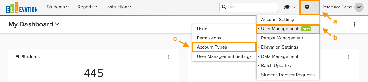 The Admin menu is open with User Management expanded, showing Account Types as a selectable option in the submenu.