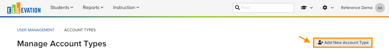 The Manage Account Types page with the Add New Account Type button highlighted in the top-right corner.