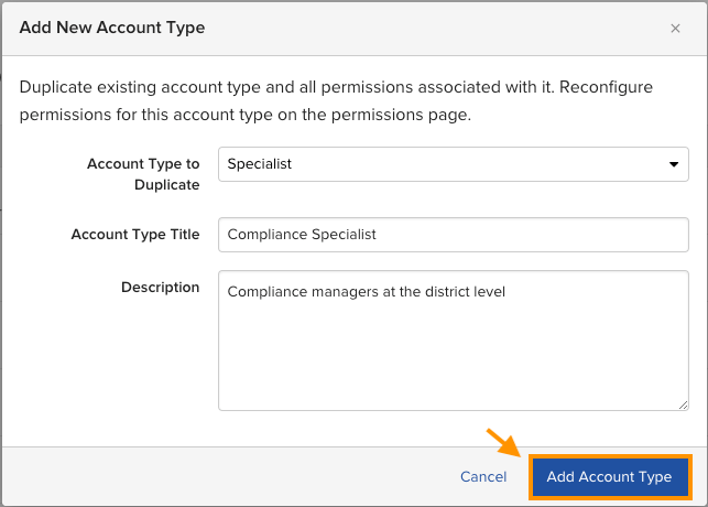 The Add Account Type confirmation button highlighted at the bottom of the Add New Account Type screen.