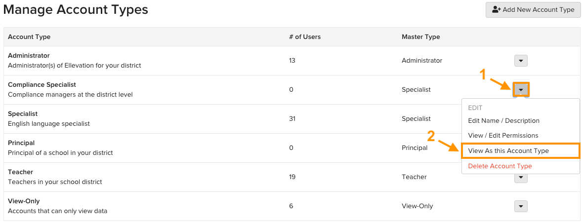 The Account Type Actions dropdown with View As Account Type highlighted as a selectable option.