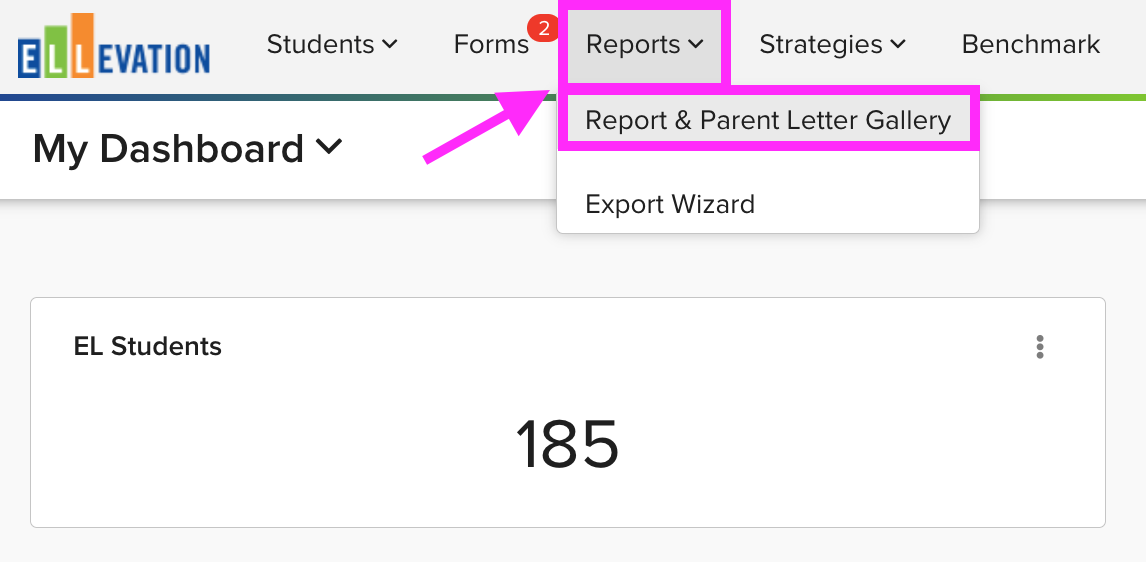 The Reports navigation menu open, with Reports & Parent Letter Gallery highlighted