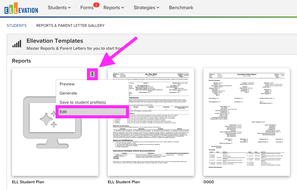 The More menu open on a Report template card, with the Edit option highlighted