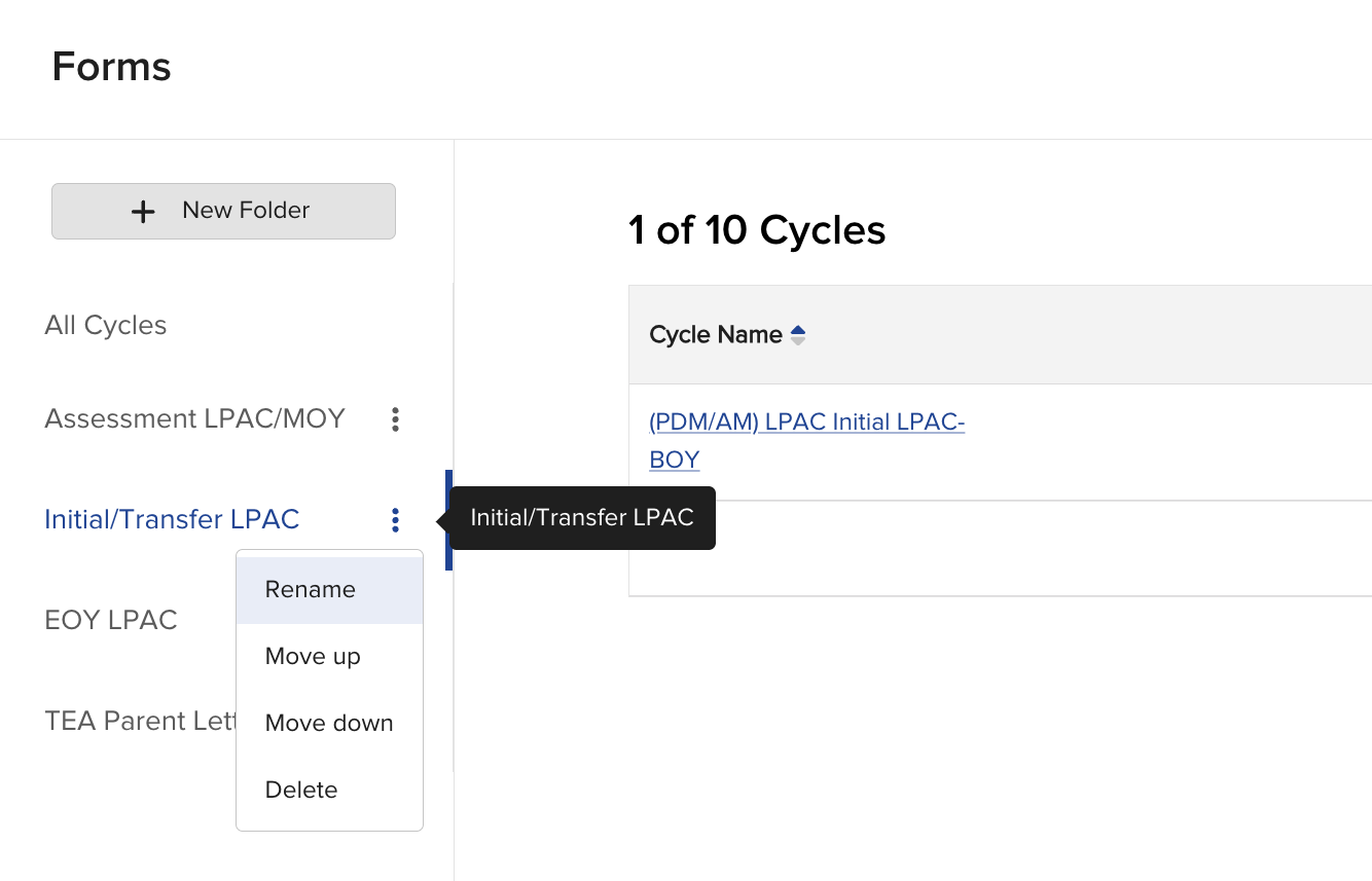 Screenshot of the Forms homepage sidebar showing a folder's three-dot menu open with Rename, Move up, Move down, and Delete options.