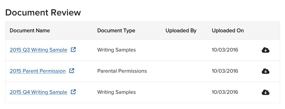 A Document Review section as it appears to an educator during form completion, with uploaded student documents displayed inline