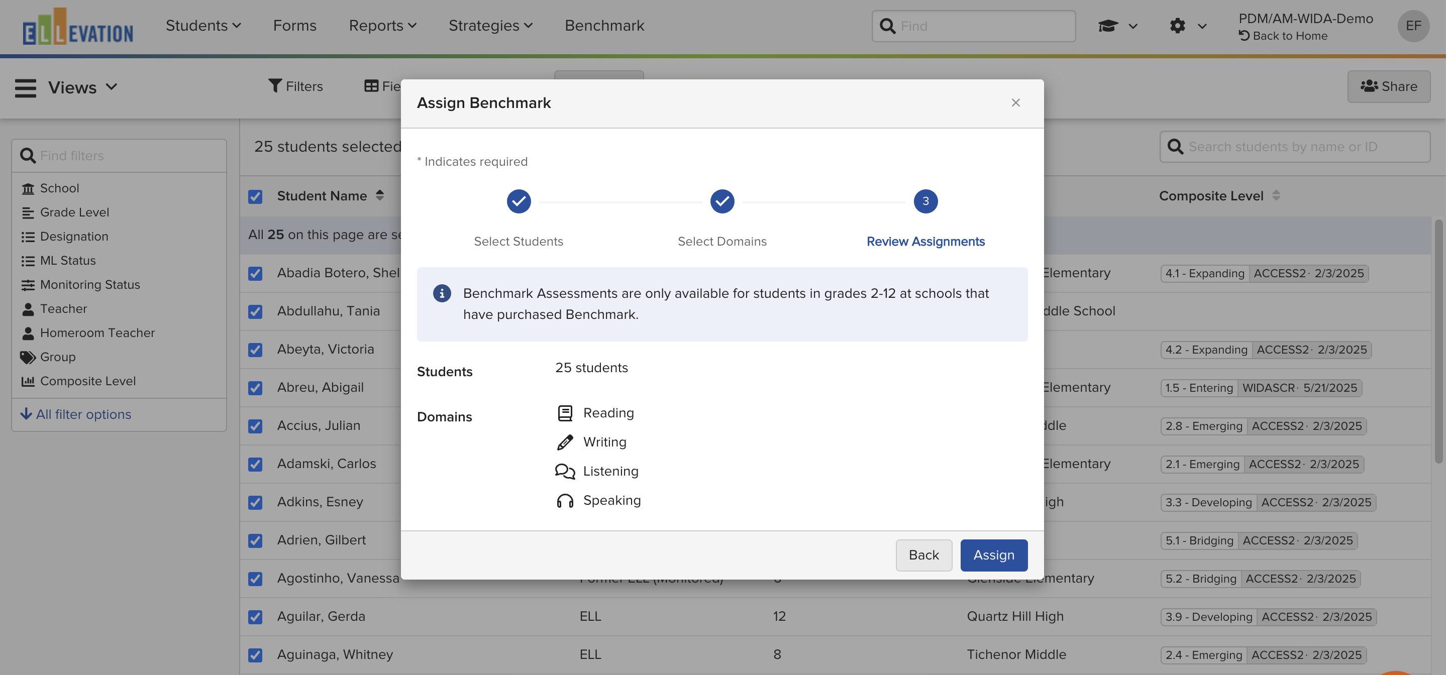Screenshot of the Assign Benchmark Assessment pop-up showing student count, Domain selection, and the Assign button