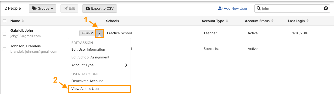 User hover menu showing the View As User option