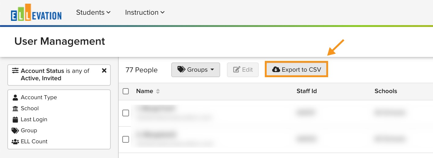 User Management list with the Export to CSV button at the top