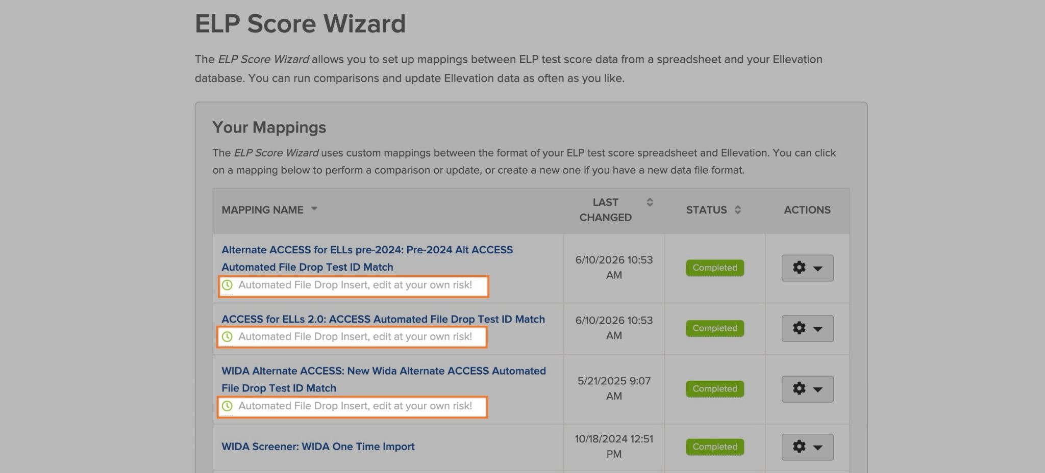 A mapping in the ELP Score Wizard showing a green clock labeled Automated File Drop Insert