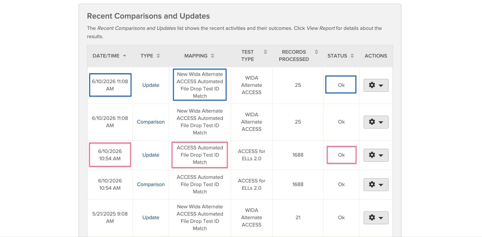 The Recent Comparisons and Updates section showing two mappings with import dates, times, and OK statuses