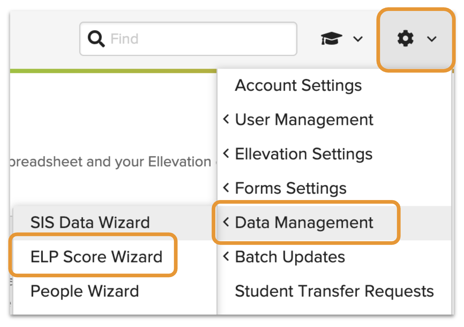 The ELP Score Wizard option in the Admin Menu, under Data Management