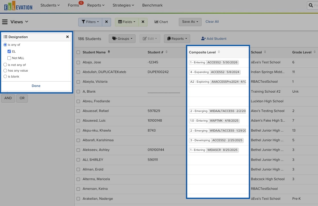 The Student List filtered to ELs, with the default Composite Level Field column shown for spot-checking a test date