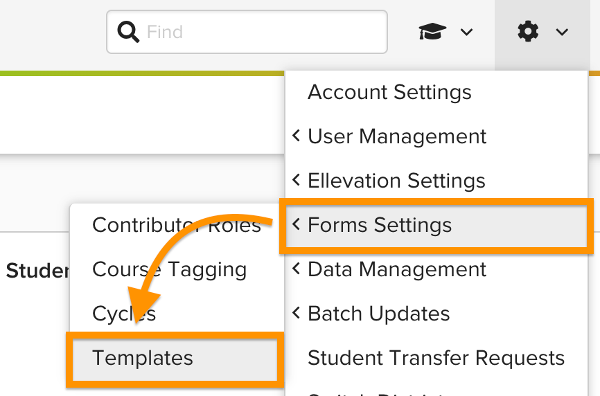 Admin Settings menu with the path to Forms Settings and Templates highlighted