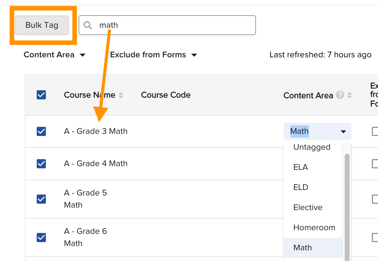Course Tagging screen showing the Bulk Tag button highlighted, courses filtered by 'math', and checkboxes selected