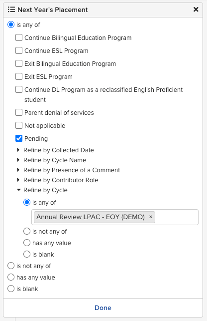 Next Year's Placement filter showing pending students for the Addendum cycle