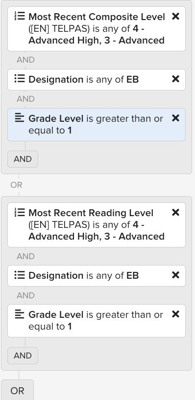 Filter set showing Most Recent Composite Level TELPAS Advanced High or Advanced, AND Designation EB, AND Grade Level at least 1, OR Most Recent Reading Level TELPAS Advanced High or Advanced, AND Designation EB, AND Grade Level at least 1