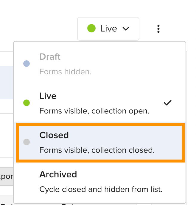 Cycle status dropdown with Closed selected