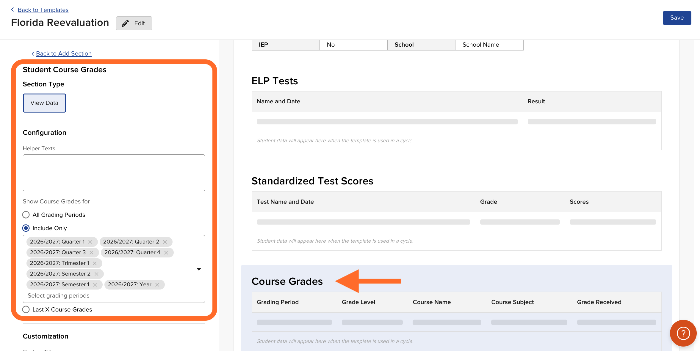 Example of field refinement settings within a Reevaluation template, used to scope data to the current school year.