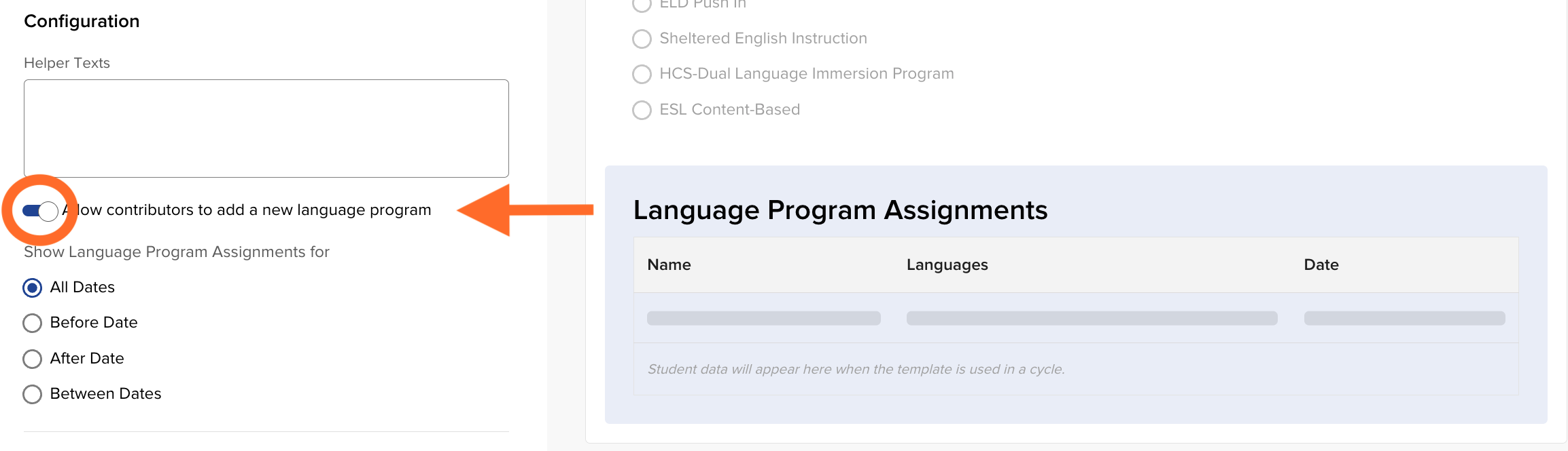 The Language Program Assignments section configuration panel with the Allow contributor to add a new language program toggle turned on
