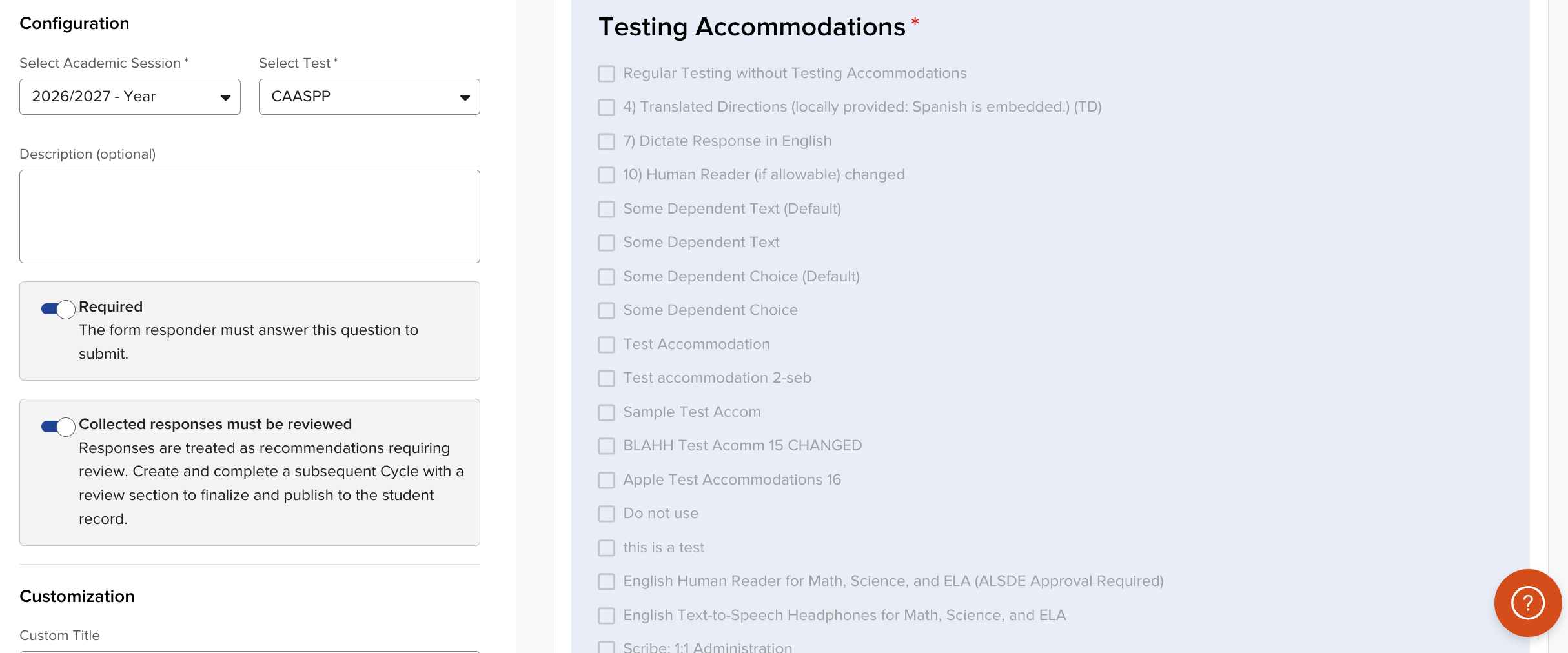 Image showing the steps to add a Testing Accommodations section with recommendations enabled in the Form Template Builder