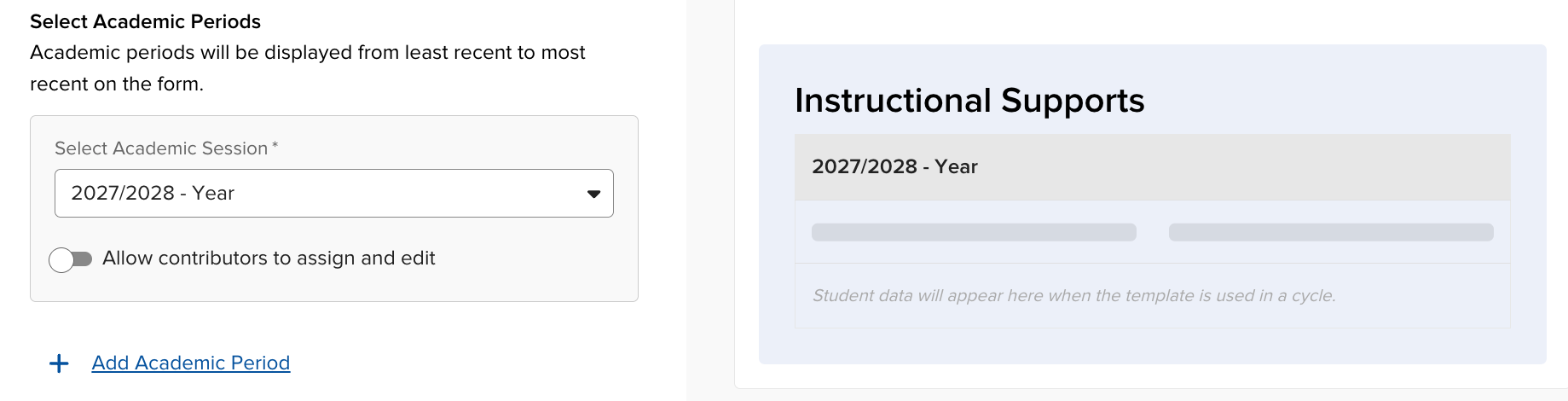 Form Template Builder showing the Classroom Modifications section added under the Review category with the Allow contributors to assign and edit toggle turned off