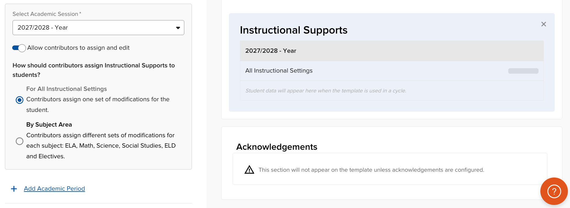 Form Template Builder showing the Classroom Modifications section configured with the toggle on and For all instructional settings selected
