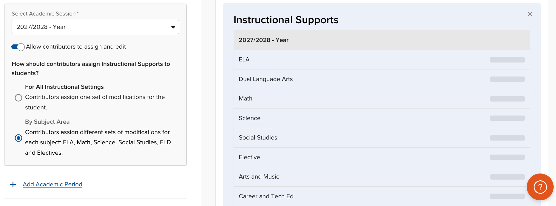 Form Template Builder showing the Classroom Modifications section configured with the toggle on and By subject area selected
