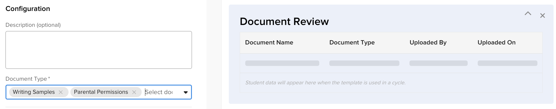 Form Template Builder showing the Document Review section being added via the Add button and search field