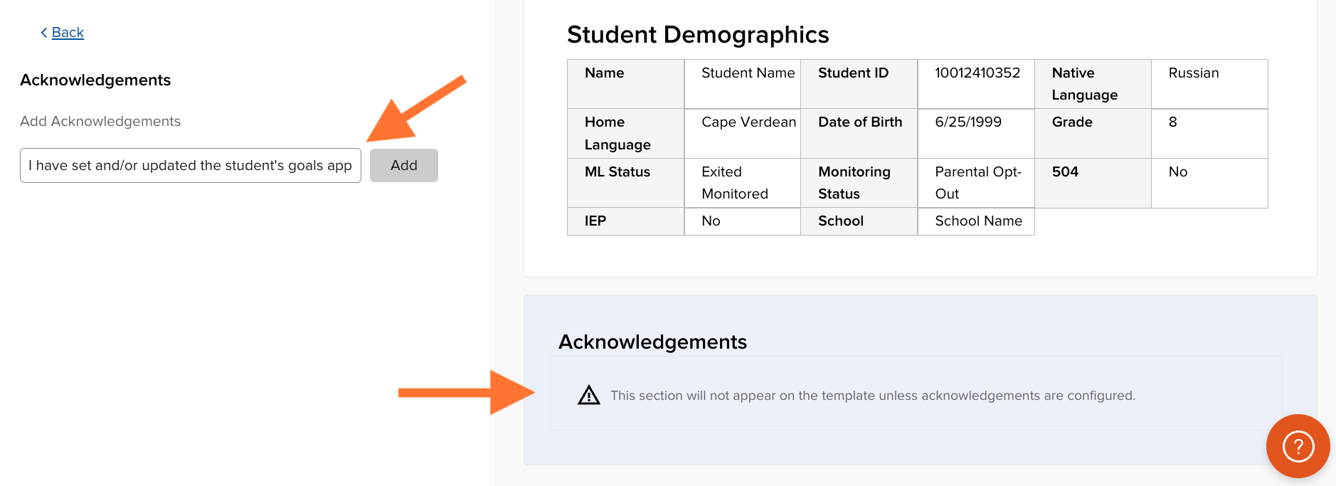Animated GIF showing the steps to create an Acknowledgment section in a Form Template in Ellevation.