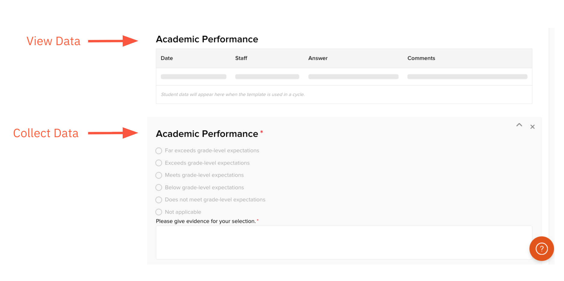 Form Template Builder showing an Academic Performance section set to View Data alongside one set to Collect Data, illustrating how each behavior appears on the form.