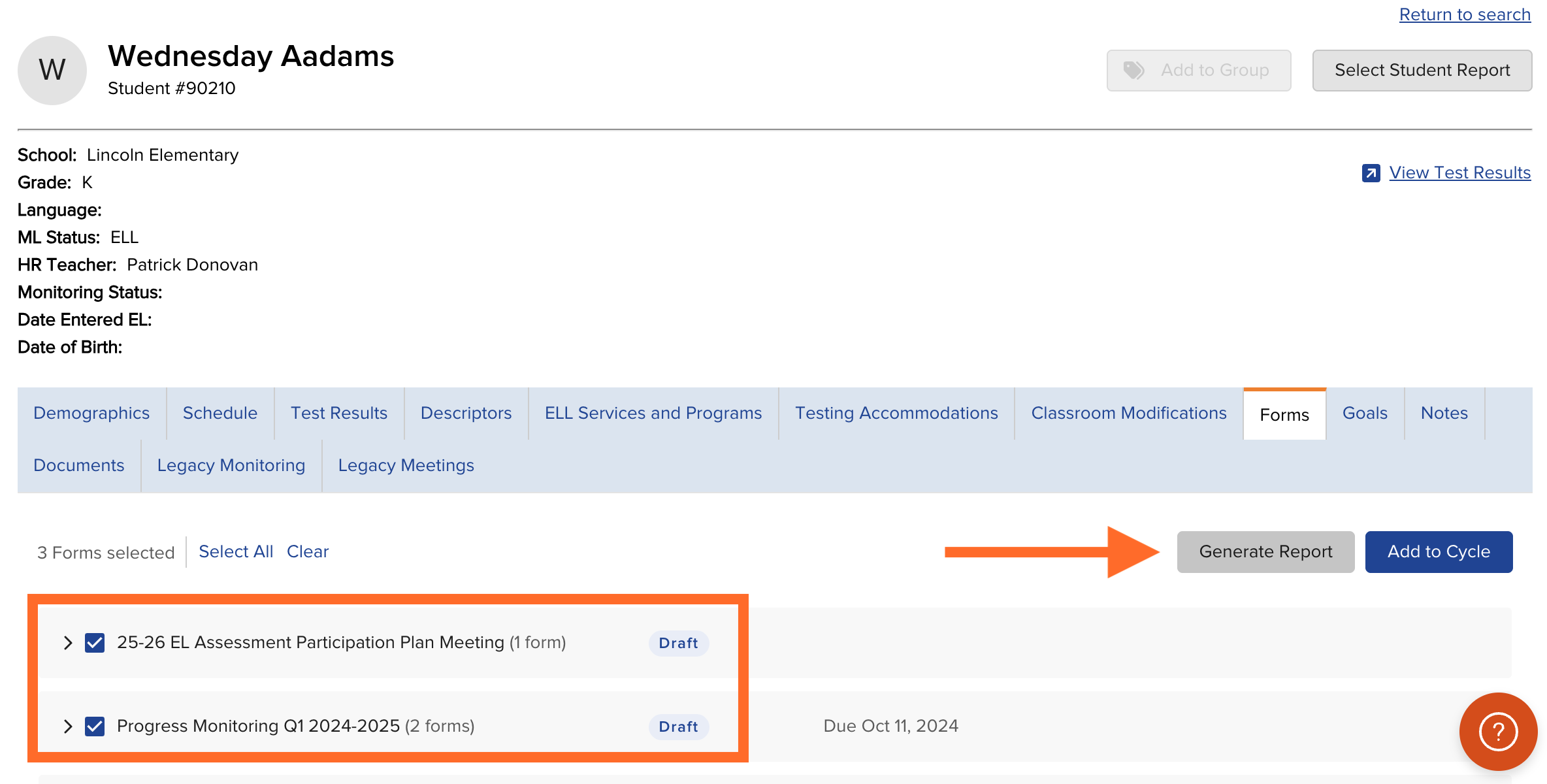 Student profile Forms tab showing a checkbox beside each cycle and each form, with Select All and Clear options and a Generate Report button