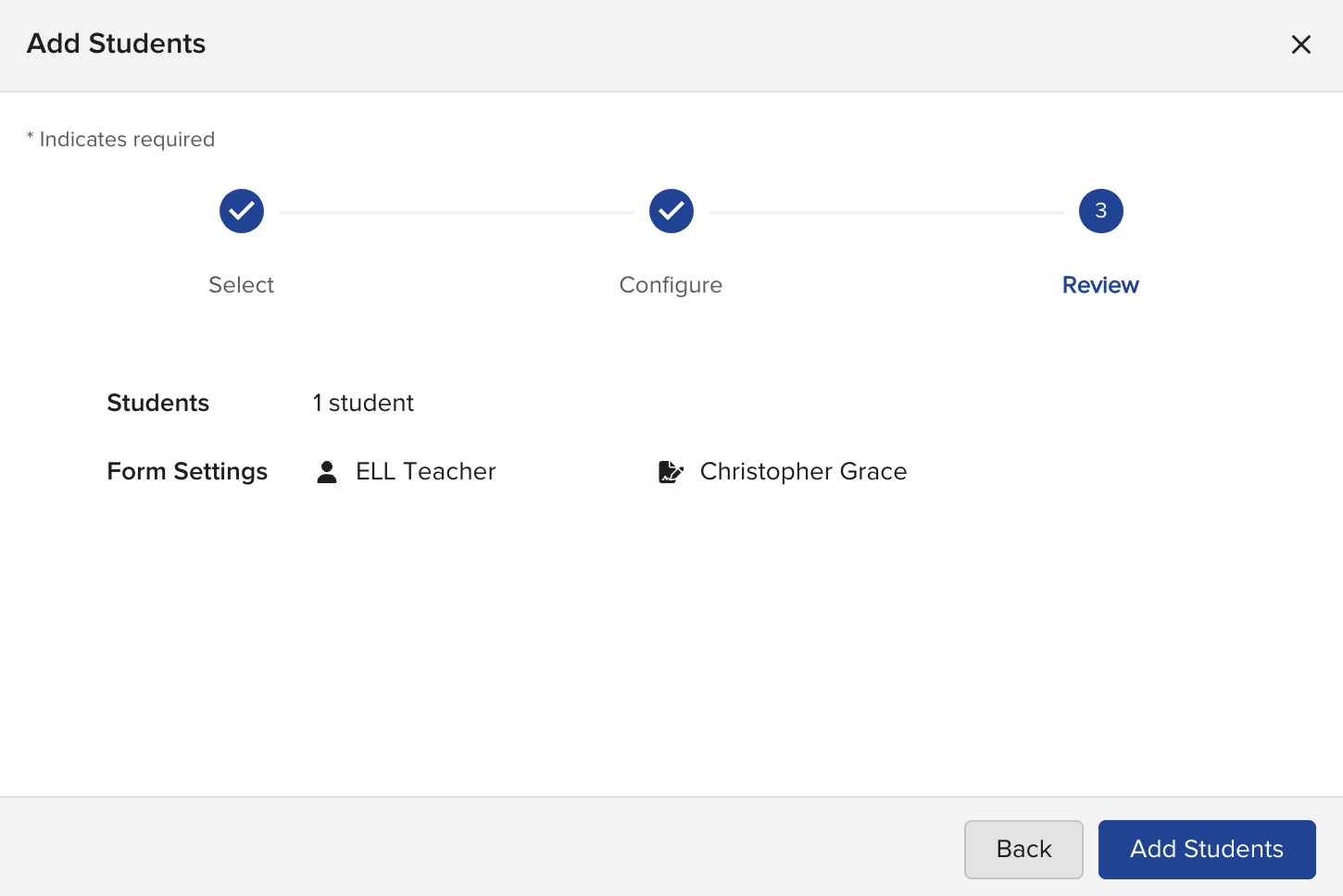The Review step of the Add Students modal, showing the selected students and their form settings