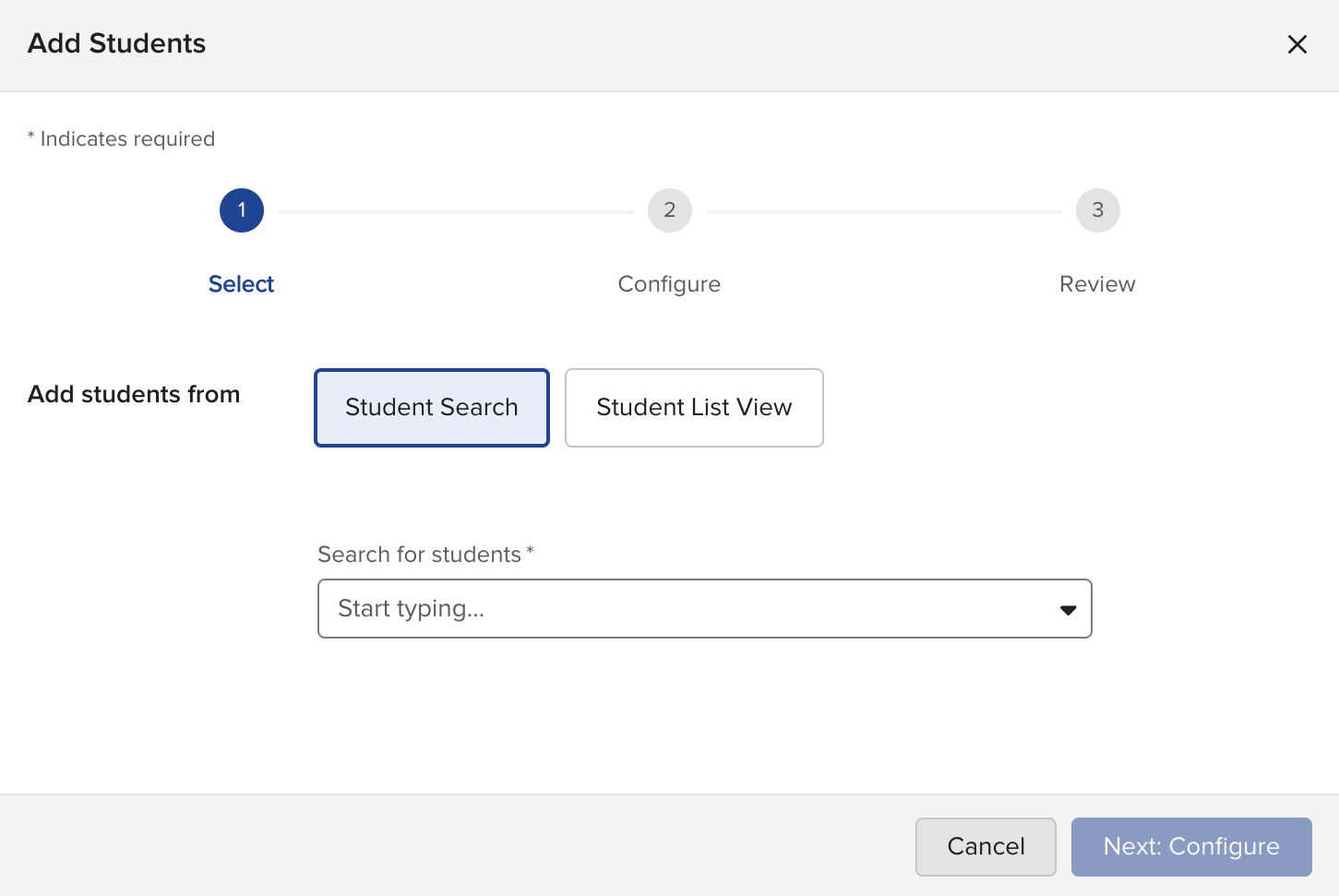 The Select step of the Add Students modal, showing the Student Search and Student List View options