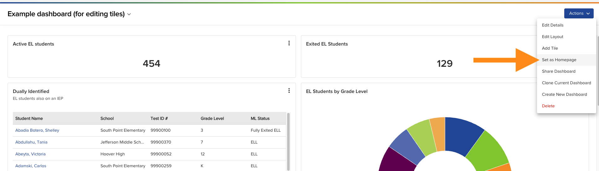 The Actions menu open in the top-right corner of a dashboard, showing options including Set as Homepage.