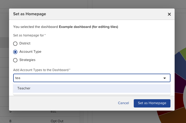 The Set as Homepage window with Account Type selected, showing the Add Account Types to the Dashboard field with EL Specialist available to select.