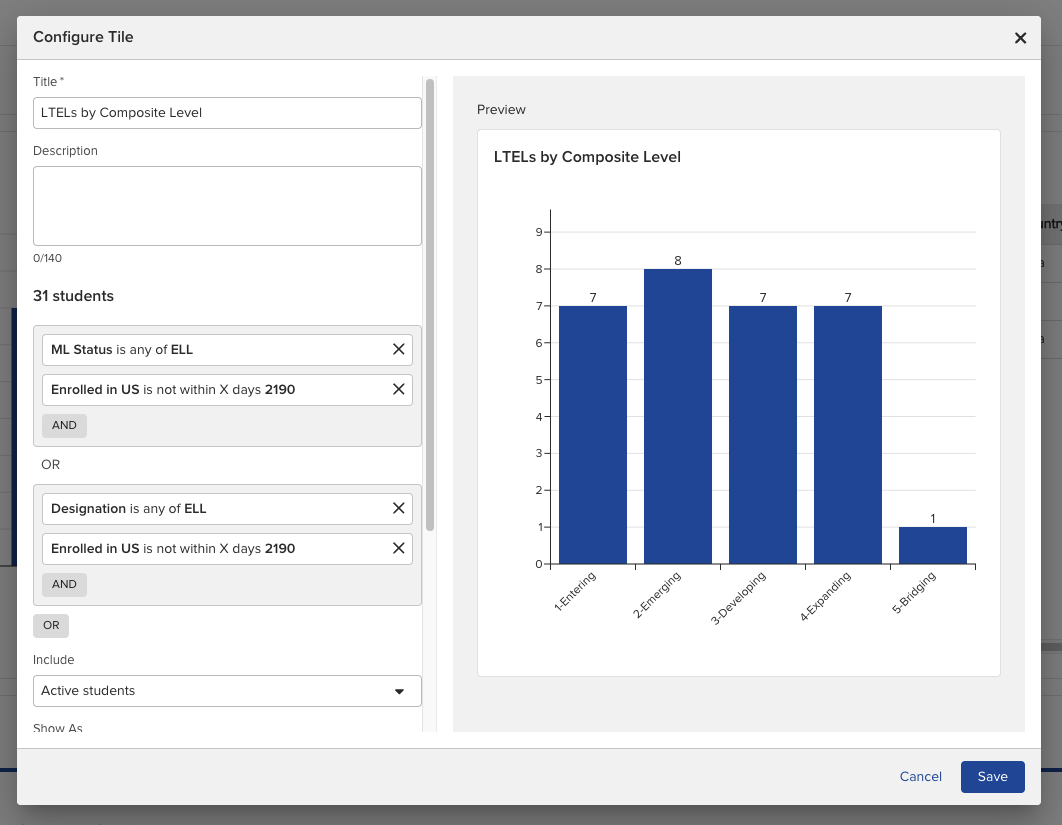 The filter builder in the Configure Tile window, with filters combined using AND and OR.