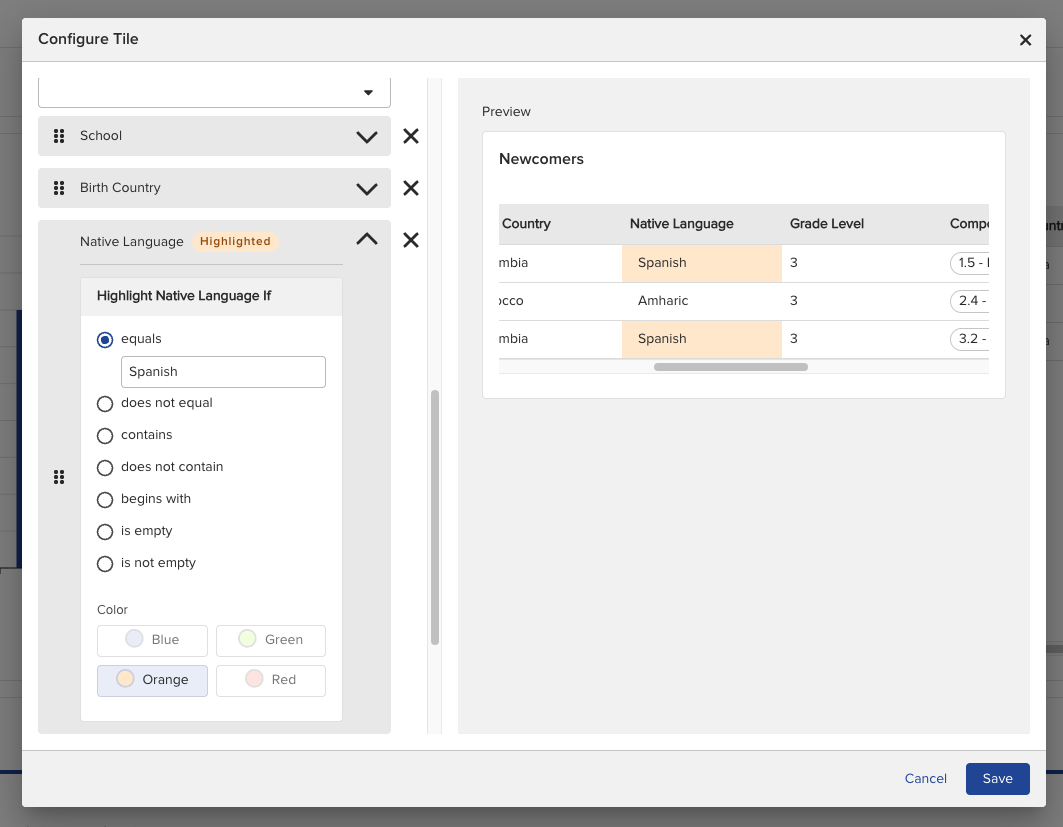 A Data Table tile's Columns section with a column expanded to show its highlight condition and color options.