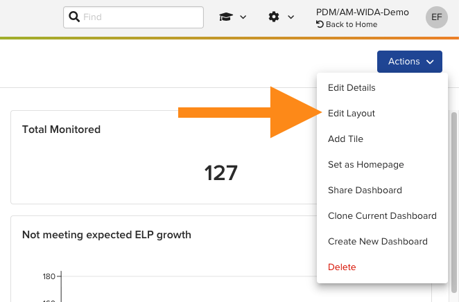The Actions menu open on an Ellevation dashboard, showing the Edit Layout option in the dropdown.