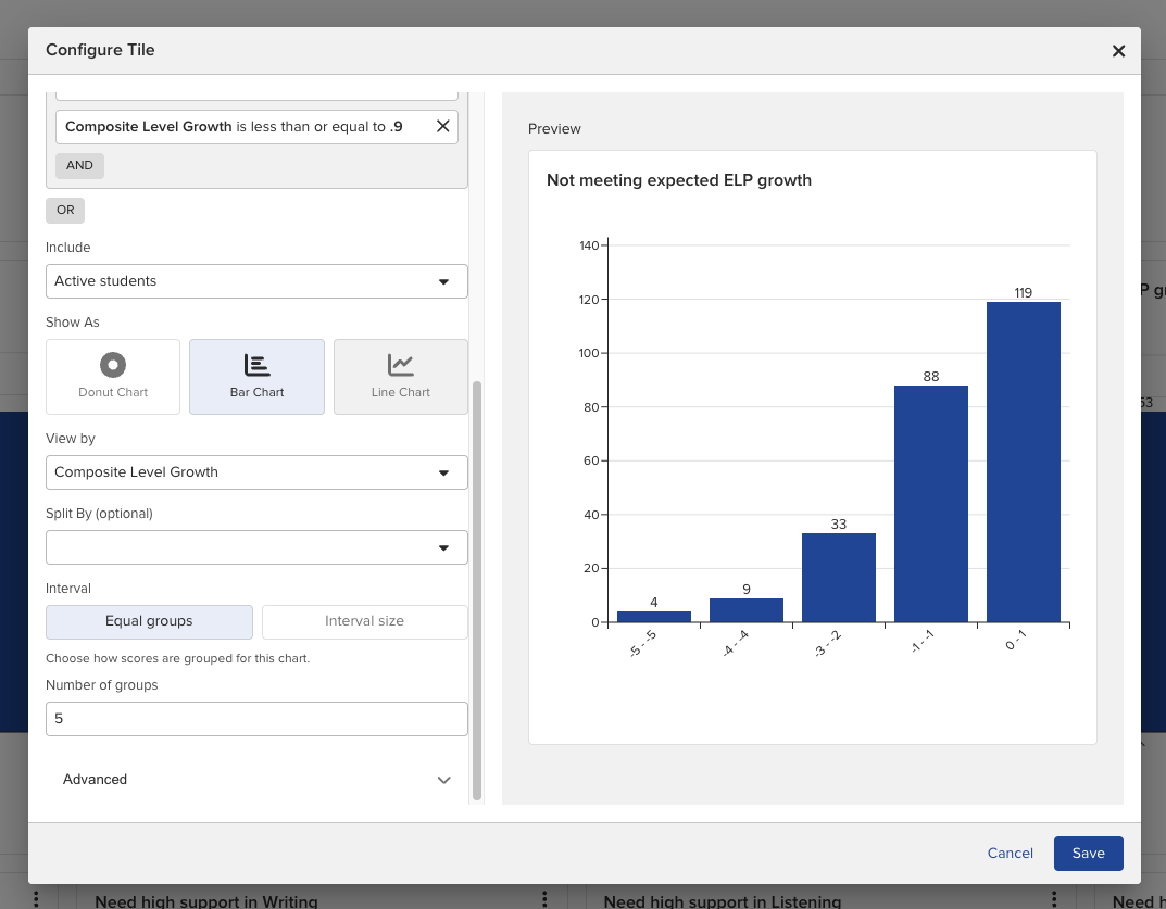 A growth-metric Bar Chart in the Configure Tile window with Interval set to Equal groups.
