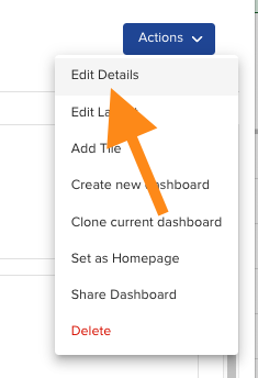 The Edit Details option in the Actions menu for editing dashboard details.