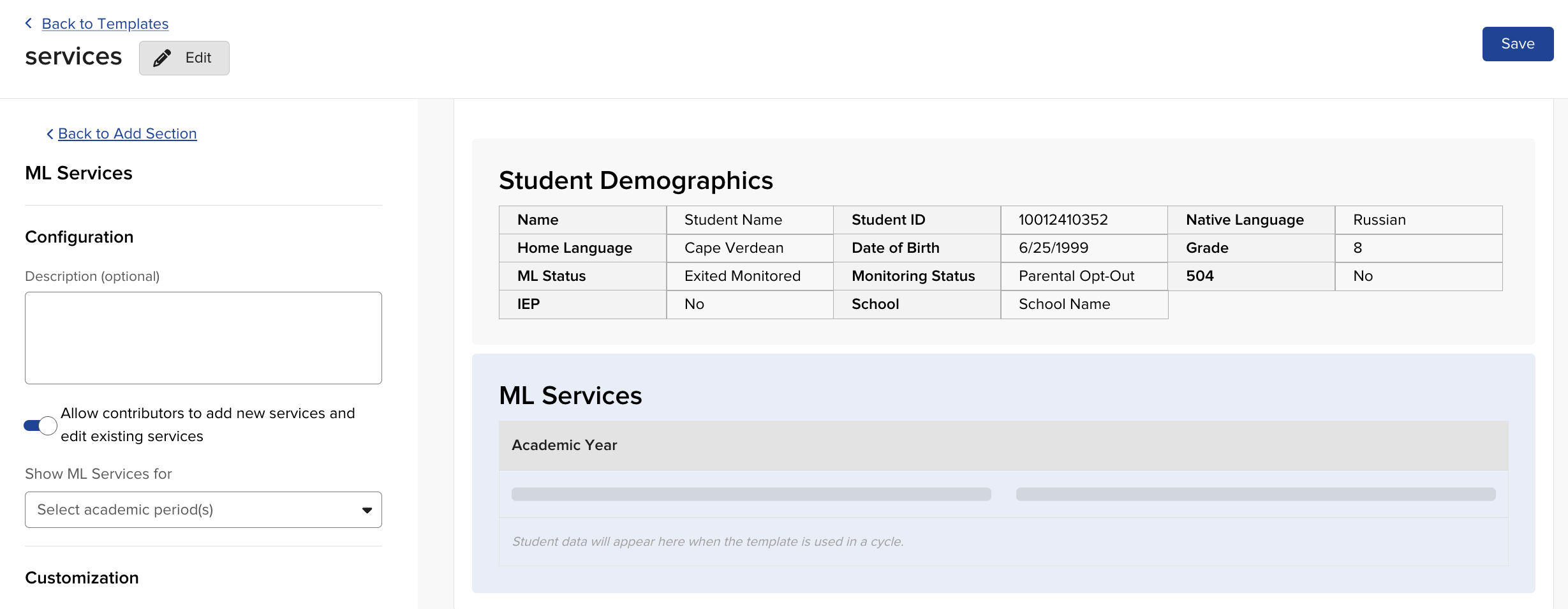 Form template configuration screen showing the EL Services section with the Allow contributors toggle turned on